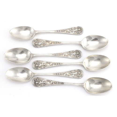 623 - Set of six Victorian silver teaspoons with young boy amongst flowers terminals, by William Comyns, L... 