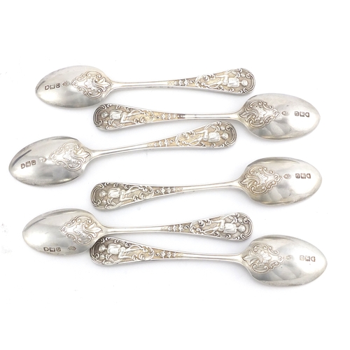 623 - Set of six Victorian silver teaspoons with young boy amongst flowers terminals, by William Comyns, L... 
