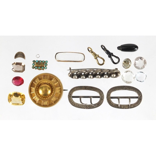 2811 - Antique and later jewellery including a Victorian silver brooch, loose semi precious stones and silv... 