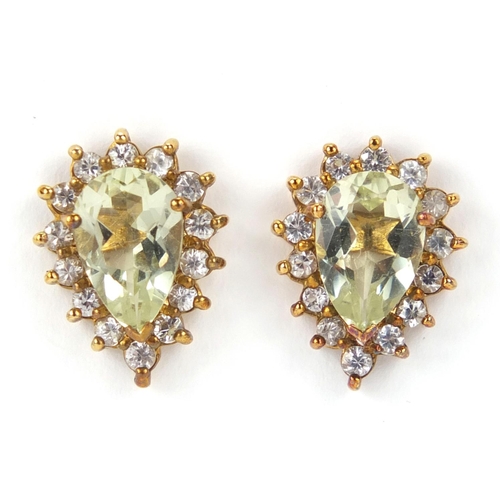 2817 - Pair of 9ct gold green stone and white sapphire tear drop earrings, 1.3cm in length, approximate wei... 