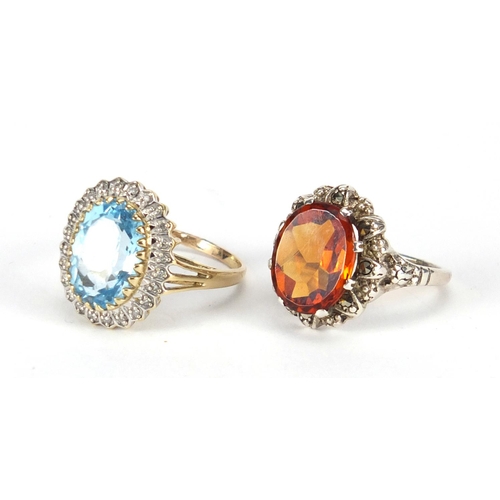 2877 - 9ct gold blue stone and diamond ring and an unmarked silver citrine and marcasite ring, size R, appr... 