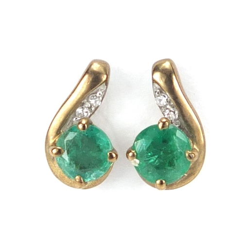 2829 - Pair of 9ct gold emerald and diamond earrings, 8mm in length, approximate weight 1.1g