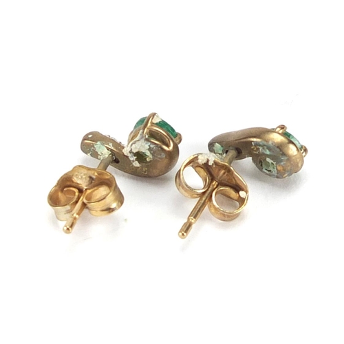 2829 - Pair of 9ct gold emerald and diamond earrings, 8mm in length, approximate weight 1.1g