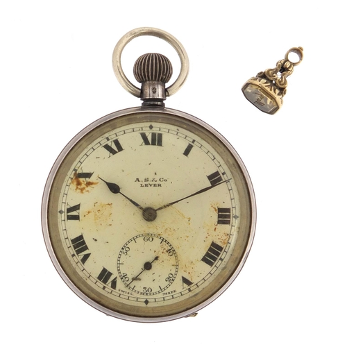 2803 - Gentleman's silver A S & Co open face pocket watch and a Victorian unmarked gold intaglio seal fob, ... 