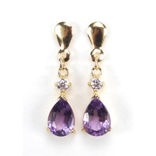 2802 - Pair of 9ct gold amethyst drop earrings, 2cm in length, approximate weight 0.6g