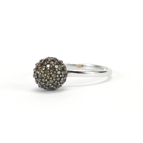 2828 - 9ct white gold coloured diamond spherical ring, size N, approximate weight 2.3g