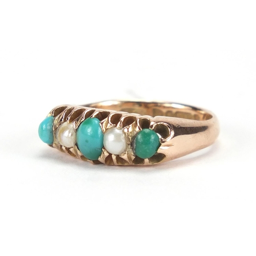 2637 - 9ct gold turquoise and cultured pearl ring, size L, approximate weight 4.0g