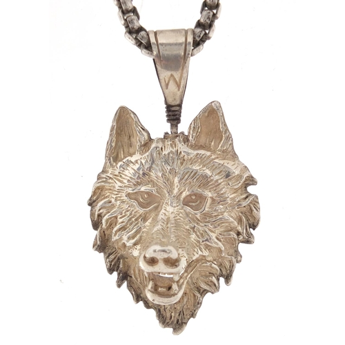 2813 - Silver fox head pendant on silver necklace, the pendant 5cm in length, approximate weight 51.5g