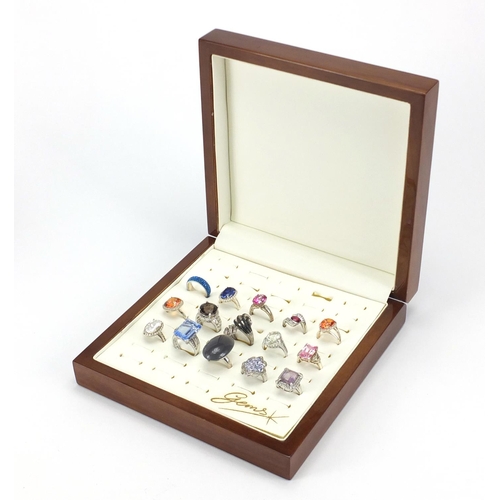2843 - Fifteen silver rings set with assorted stones including white and black diamonds, quartz and amethys... 