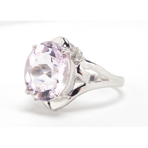 2645 - 9ct white gold pink stone ring set with diamonds to the shoulders, size N, approximate weight 4.2g