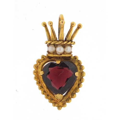 2674 - Unmarked gold garnet and seed pearl crowned love heart pendant, 2.6cm in length, approximate weight ... 