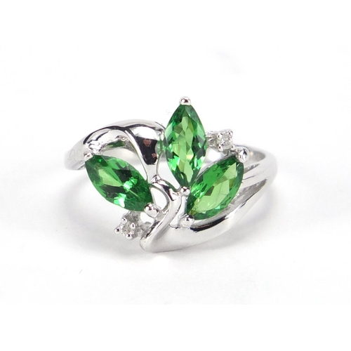 2666 - 18ct white gold green stone and diamond leaf ring, size N, approximate weight 4.5g