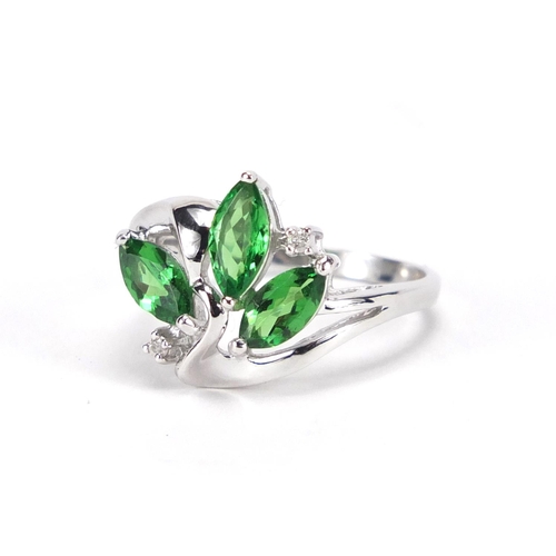 2666 - 18ct white gold green stone and diamond leaf ring, size N, approximate weight 4.5g