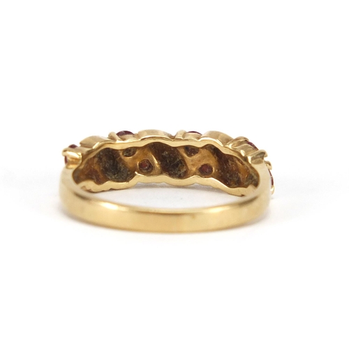 2656 - 9ct gold ruby and diamond half eternity ring, size N, approximate weight 2.7g