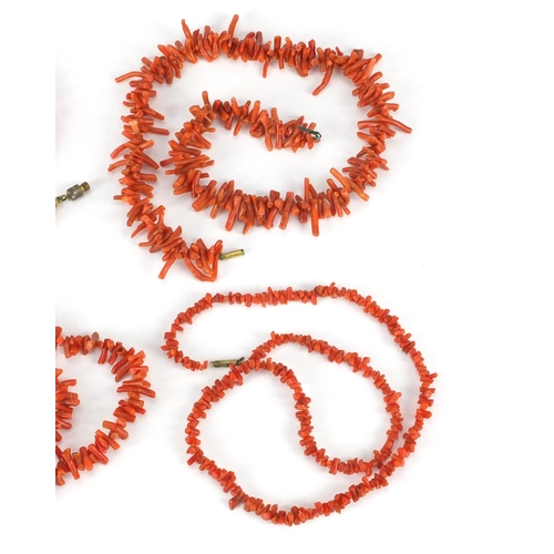 2857 - Four natural and bead coral necklaces, the largest 56cm in length, approximate weight 114.5g
