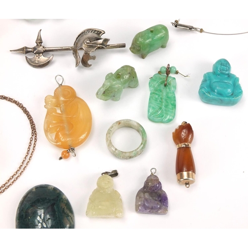 2830 - Polished stone jewellery and amber coloured bead necklaces including Buddha pendants, carved jade pe... 