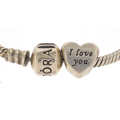 2858 - Silver Pandora bracelet with four charms, with box, 18cm in length, approximate weight 30.8g