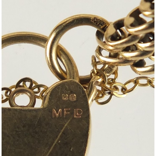 2646 - 9ct gold six row gate bracelet with love heart shaped padlock, approximate weight 19.4g