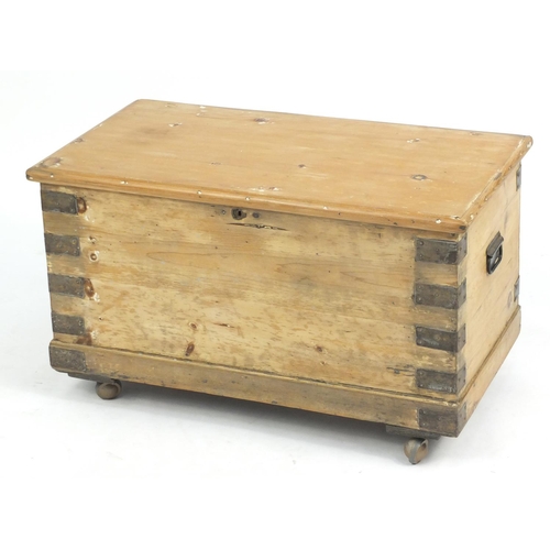 4 - Victorian pine metal bound trunk with hinged lid, 47cm H x 82cm W x 44cm D