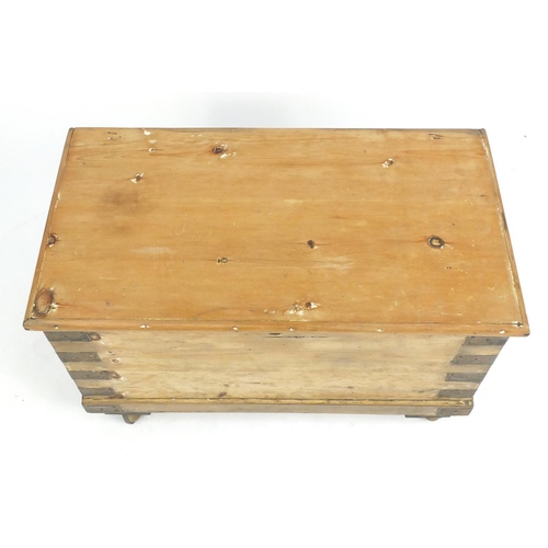 4 - Victorian pine metal bound trunk with hinged lid, 47cm H x 82cm W x 44cm D
