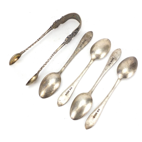 314 - Pair of Georgian silver sugar tongs and four silver teaspoons, approximate weight 81.2g