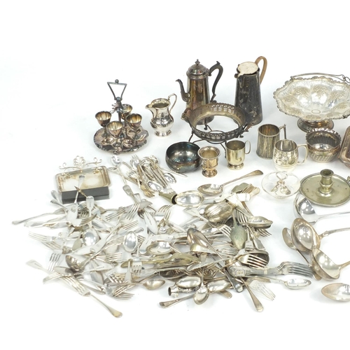 137 - Silver plate including cutlery, entrée dish, pair of candlesticks, egg cup stand and basket with swi... 