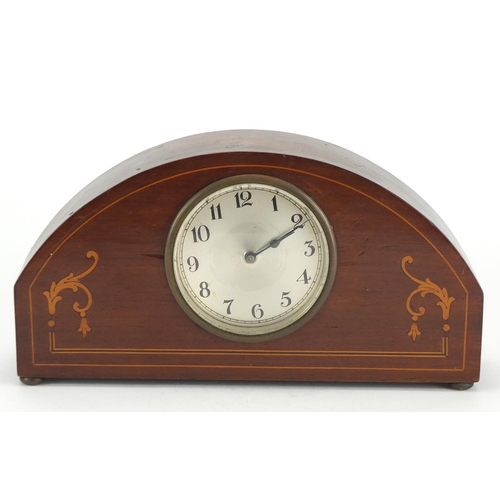 76 - Edwardian inlaid mahogany mantel clock with silvered dial