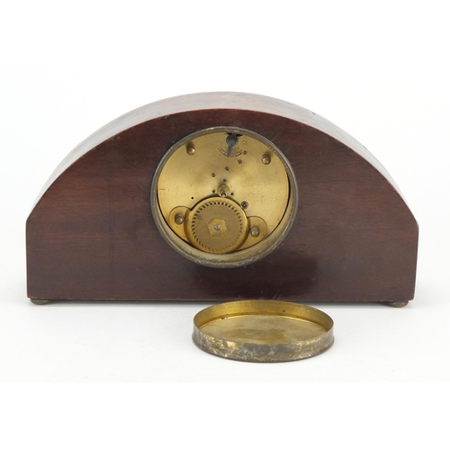 76 - Edwardian inlaid mahogany mantel clock with silvered dial