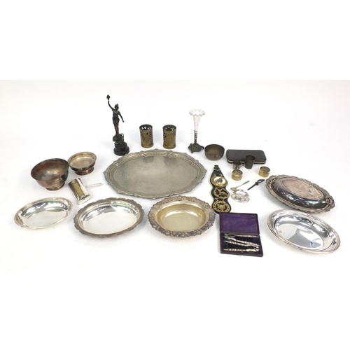 161 - Metalwares including silver plated tray, silver plated entrée dishes, horse brasses, spelter figure ... 