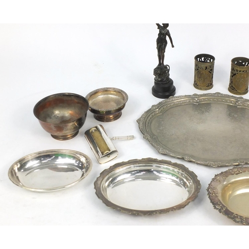 161 - Metalwares including silver plated tray, silver plated entrée dishes, horse brasses, spelter figure ... 