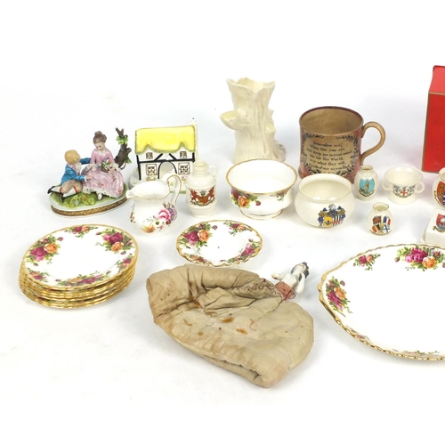 164 - China including W H Goss crested vases, Royal Albert Old Country Rose plates, Victorian Sunderland l... 