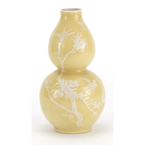 110 - Chinese porcelain celadon glazed double gourd vase, hand painted with birds and a blossoming tree, 1... 
