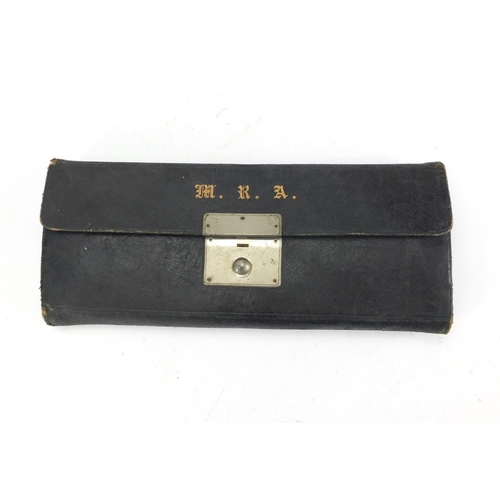 505 - Vintage black leather sewing case with contents, with MRA initials