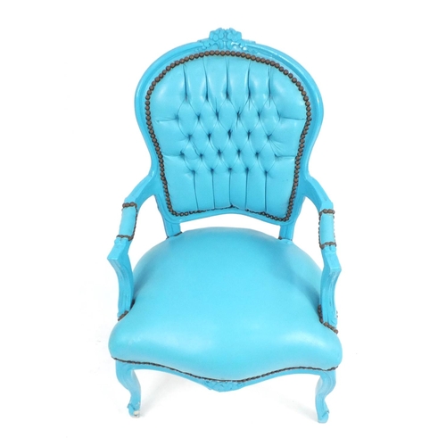 14 - French style blue painted occasional chair, with blue leather upholstery