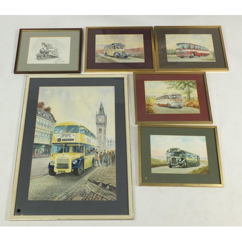598 - J E Wigston - Vintage buses, five watercolours on paper and a black and white etching of a steam loc... 