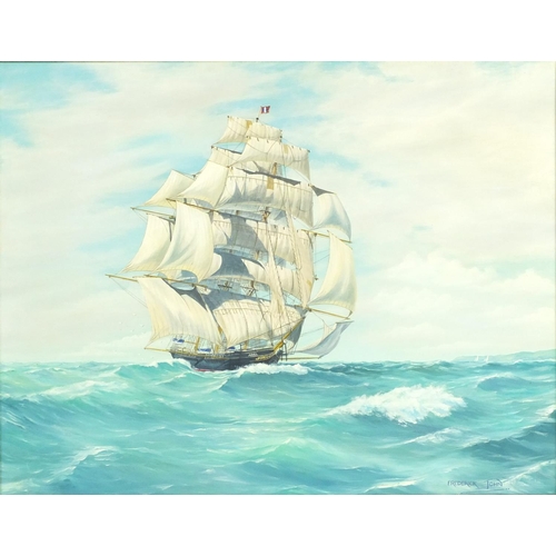 292 - Frederick John - Clipper ship on choppy seas, Ariel, oil on canvas framed, 75cm x 60cm