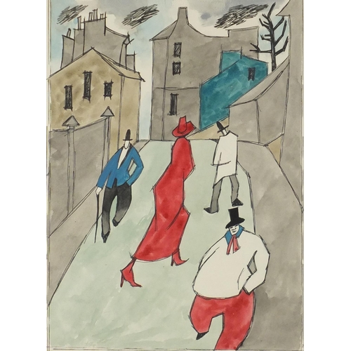 2332 - Street scene with figures, ink and watercolour, bearing a signature Feininger, mounted and framed, 3... 