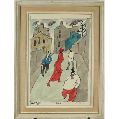 2332 - Street scene with figures, ink and watercolour, bearing a signature Feininger, mounted and framed, 3... 