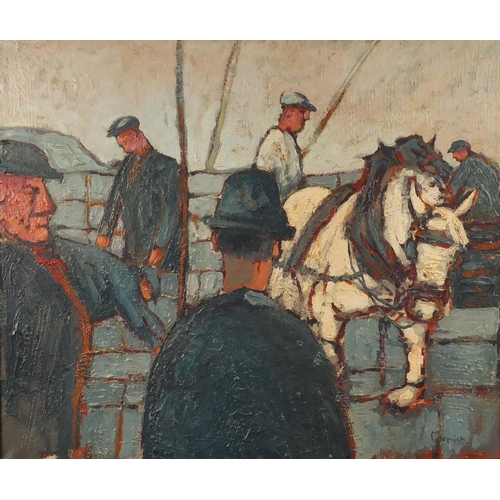2171 - Men and horses at work, oil on canvas, bearing a signature Cornish, framed, 64cm x 54cm
