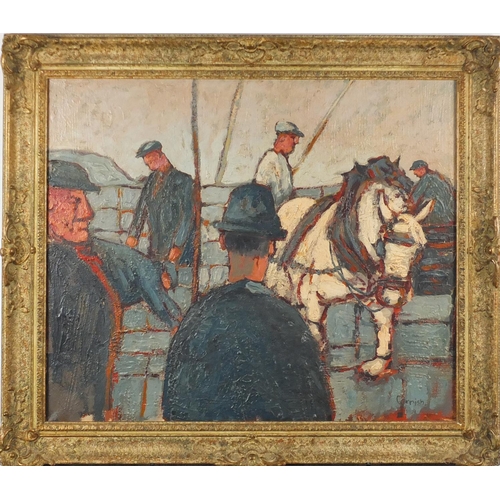 2171 - Men and horses at work, oil on canvas, bearing a signature Cornish, framed, 64cm x 54cm