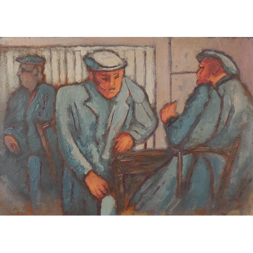 2173 - Three men at a bar, oil on canvas laid on board, bearing a signature Cornish, mounted and framed, 68... 