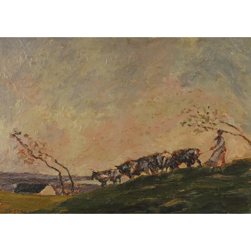 2301 - Female herding cattle, oil on board, bearing a signature J H Craig, framed, 61cm x 42cm