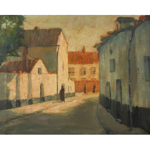 2167 - Continental street scene with a figure, oil on canvas, bearing a signature Luce, mounted and framed,... 