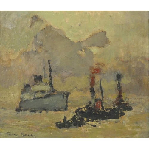 2169 - Boats on water, impressionist oil on board, bearing an indistinct signature possibly Frank Beggs, mo... 