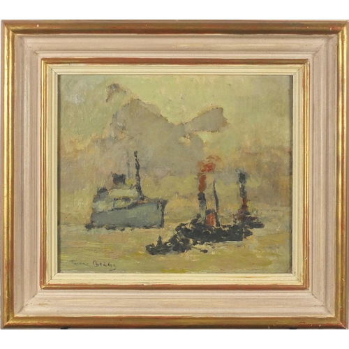 2169 - Boats on water, impressionist oil on board, bearing an indistinct signature possibly Frank Beggs, mo... 