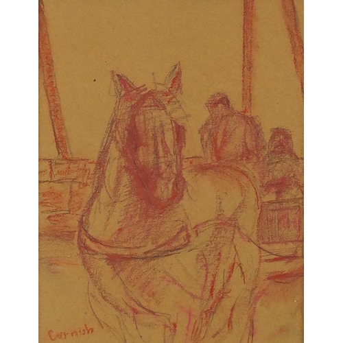2131 - Horse and figure in a cart, pencil and red pastel, bearing a signature Cornish, mounted and framed, ... 