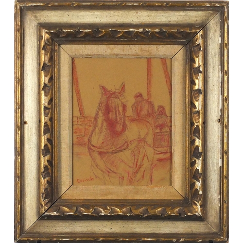 2131 - Horse and figure in a cart, pencil and red pastel, bearing a signature Cornish, mounted and framed, ... 