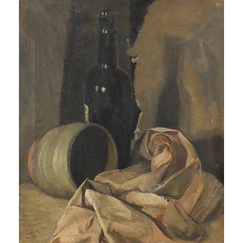 2299 - Still life of a black bottle and vase, oil on canvas, bearing a monogram N, mounted and framed, 35cm... 