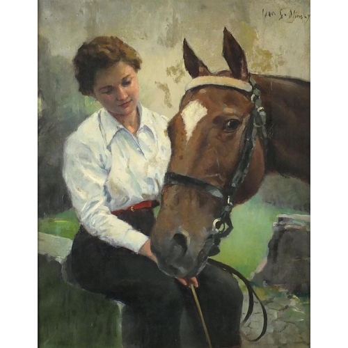 2084 - Young female with a horse, oil on canvas, bearing an indistinct signature possibly Ivon G Dlinsky, m... 