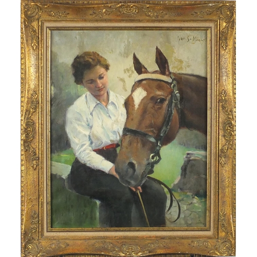 2084 - Young female with a horse, oil on canvas, bearing an indistinct signature possibly Ivon G Dlinsky, m... 